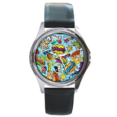 Comic Elements Colorful Seamless Pattern Round Metal Watch by Bedest