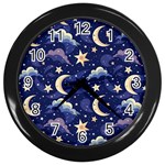 Night Moon Seamless Background Stars Sky Clouds Texture Pattern Wall Clock (Black) Front