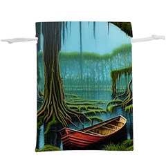Boat Canoe Swamp Bayou Roots Moss Log Nature Scene Landscape Water Lake Setting Abandoned Rowboat Fi Lightweight Drawstring Pouch (xl) by Posterlux
