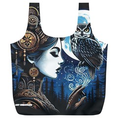 Steampunk Woman With Owl 2 Steampunk Woman With Owl Woman With Owl Strap Full Print Recycle Bag (xl) by CKArtCreations