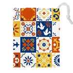Mexican Talavera Pattern Ceramic Tiles With Flower Leaves Bird Ornaments Traditional Majolica Style Drawstring Pouch (4XL) Front