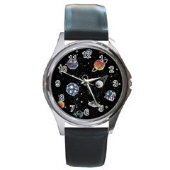 Glittering Planets Space Galaxy Glitter Black Round Metal Watch by Perong