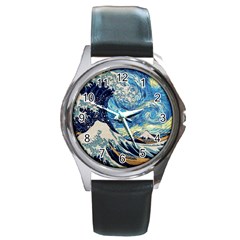 The Great Wave Of Kanagawa Painting Round Metal Watch by Perong