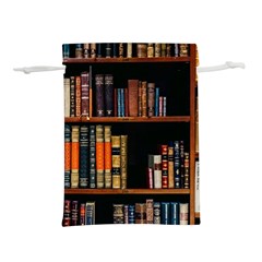 Assorted Title Of Books Piled In The Shelves Assorted Book Lot Inside The Wooden Shelf Lightweight Drawstring Pouch (s) by Bedest