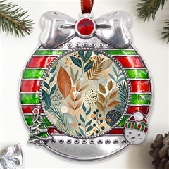 Leaves Pattern Floral Metal X mas Ribbon With Red Crystal Round Ornament by Salmanaz77