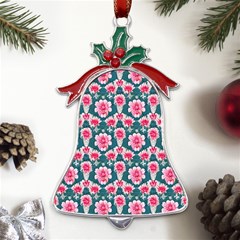 Retro 1880s Flowers Pattern 22 Metal Holly Leaf Bell Ornament by violetheavensky