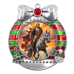 Heroic Trump Warrior In Golden Armor Metal X mas Ribbon With Red Crystal Round Ornament by AwesomeSauce