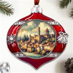 Village Houses Buildings Facade Metal Snowflake And Bell Red Ornament Front