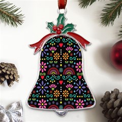 Mexican Folk Art Seamless Pattern Colorful Metal Holly Leaf Bell Ornament by Paksenen