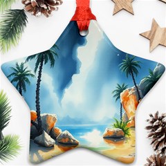 Delicate Watercolor Painting Surreal Oasis Scene With Intense Dramatic Lighting Ornament (star) by pollyparadiseartshop