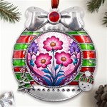 Fantasy Pink Flowers Stained Glass Metal X Mas Ribbon With Red Crystal Round Ornament Front