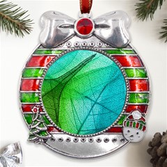 Texture Green Leaf Abstraction 3d Metal X mas Ribbon With Red Crystal Round Ornament by Salmanaz77