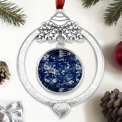 Blue, Camouflage, Cool, Navy, New, Pattern Metal Silver X mas Leaves Round Ornament by kyorashop23