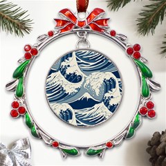 Japanese Wave Pattern Metal X mas Wreath Ribbon Ornament by Cemarart