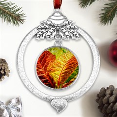 Leaves Plant Pattern Croton Nature Metal Silver X mas Leaves Round Ornament by Sabxi