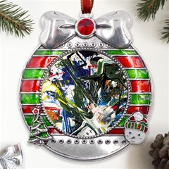 Snow In A City-1-1 Metal X mas Ribbon With Red Crystal Round Ornament by bestdesignintheworld
