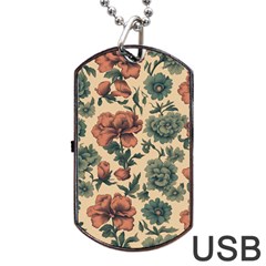 Victorian Beige And Teal Flower Pattern Dog Tag Usb Flash (two Sides) by violetheavensky