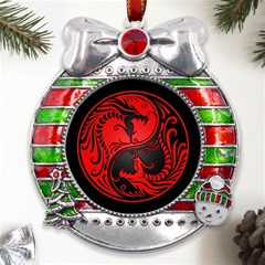 Red Yin Yang Dragons Metal X mas Ribbon With Red Crystal Round Ornament by UniqueYinYang