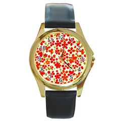 Mid Century Retro Floral 1970s 1960s Pattern 92 Round Gold Metal Watch by violetheavensky