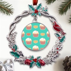 Retro 40s 50s Cupcake Pattern 3 Metal X mas Wreath Holly Leaf Ornament by violetheavensky