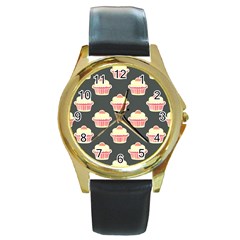 Retro 40s 50s Cupcake Pattern 4 Round Gold Metal Watch by violetheavensky