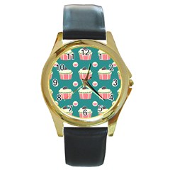 Retro 40s 50s Cupcake Pattern 2 Round Gold Metal Watch by violetheavensky
