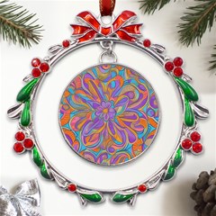 Mid Century Retro Floral 1970s 1960s Pattern 75 Metal X mas Wreath Ribbon Ornament by violetheavensky
