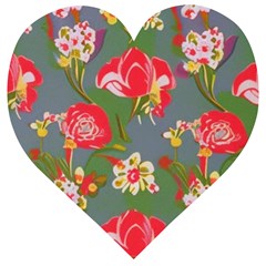 Mid Century Retro Floral 1970s 1960s Pattern 83 Wooden Puzzle Heart by violetheavensky