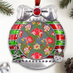 Mid Century Retro Floral 1970s 1960s Pattern 83 Metal X mas Ribbon With Red Crystal Round Ornament by violetheavensky