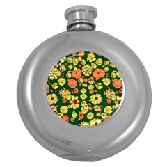 Mid Century Retro Floral 1970s 1960s Pattern 68 Round Hip Flask (5 Oz) by violetheavensky
