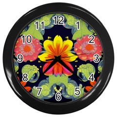 Mid Century Retro Floral 1970s 1960s Pattern 54 Wall Clock (black) by violetheavensky