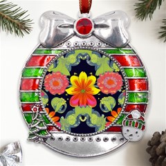 Mid Century Retro Floral 1970s 1960s Pattern 54 Metal X mas Ribbon With Red Crystal Round Ornament by violetheavensky