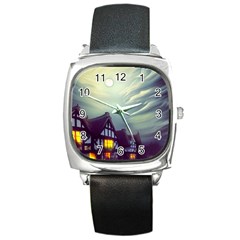 Village Moon Cloudy Historical Tudor Architecture Houses Town Night Windows City Square Metal Watch by Posterlux