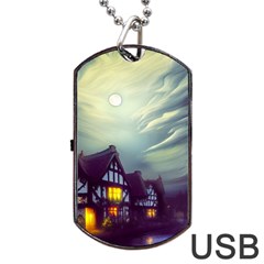 Village Moon Cloudy Historical Tudor Architecture Houses Town Night Windows City Dog Tag Usb Flash (two Sides) by Posterlux