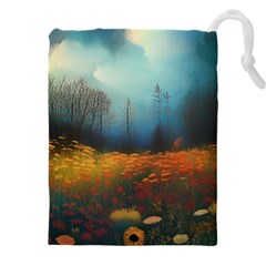 Wildflowers Field Outdoors Clouds Trees Cover Art Storm Mysterious Dream Landscape Drawstring Pouch (5xl) by Posterlux